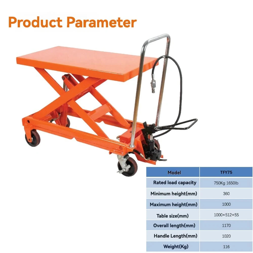 Product parameters specification | KINGRISE  Pneumatic & Manual Scissor Lift Table TFY-75