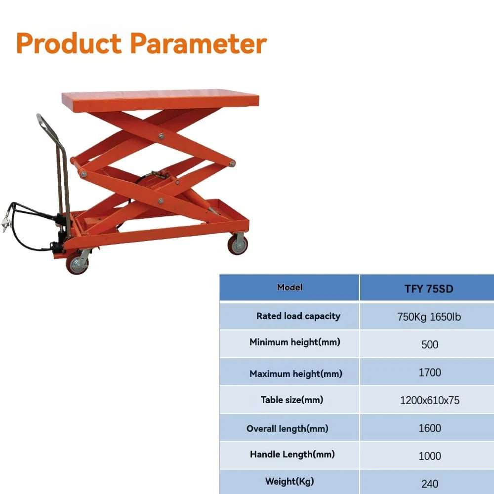 Product parameters specification | KINGRISE   Extra High Lift Hydraulic Table Cart TFY-75SD
